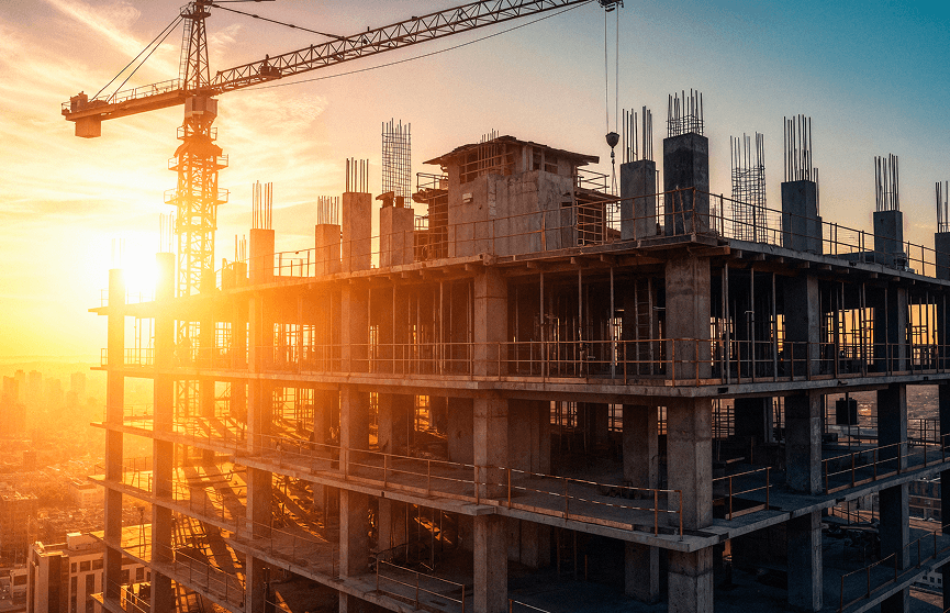 Building under construction at sunset