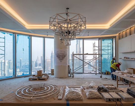 Luxury interior under construction with chandelier installation