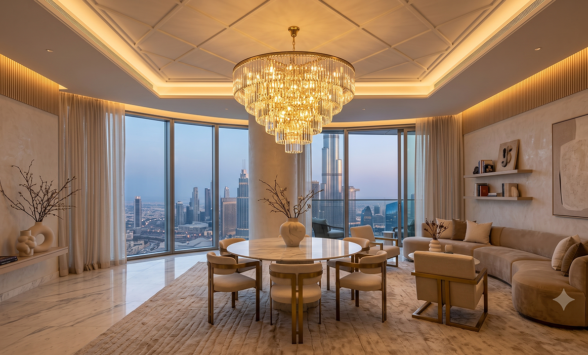 Finished luxury living and dining space with crystal chandelier