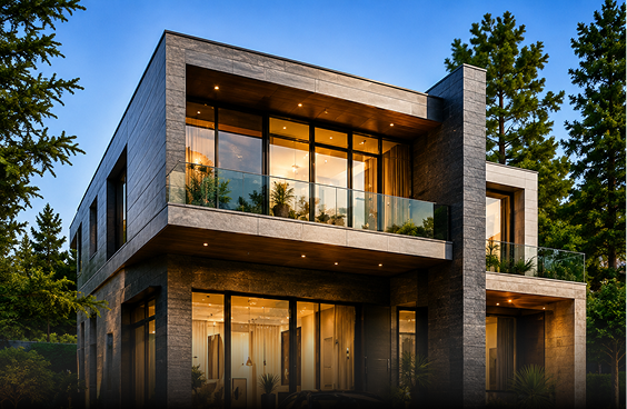 Modern two-story luxury residence at dusk