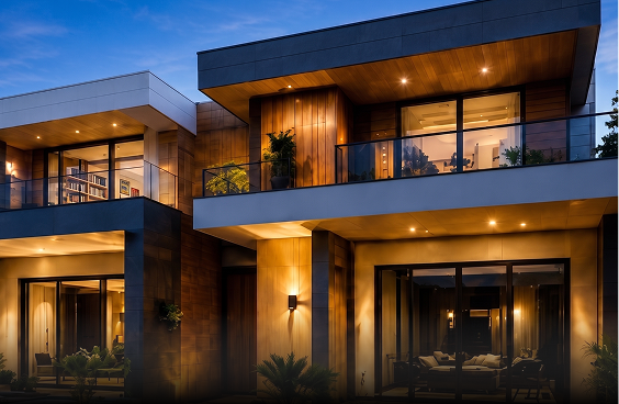 Modern luxury villa with glass walls at night