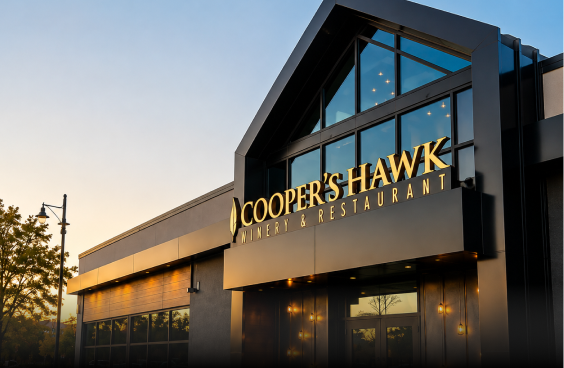 Cooper's Hawk Winery & Restaurant entrance at dusk
