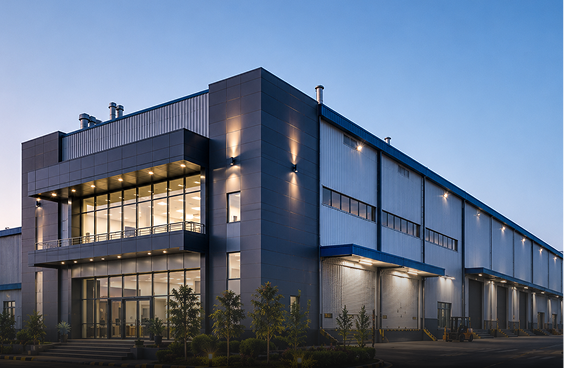 Industrial warehouse and office building at twilight