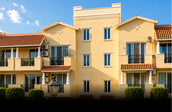 Yellow hotel building with terracotta roofs