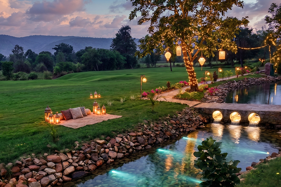 Palms & Pebbles — illuminated stream, bridge, and garden