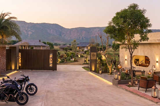 Palms & Pebbles — entrance drive with palms and mountains