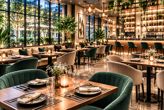 Restaurant interior with green velvet seating