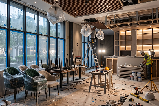 Restaurant interior with green velvet seating